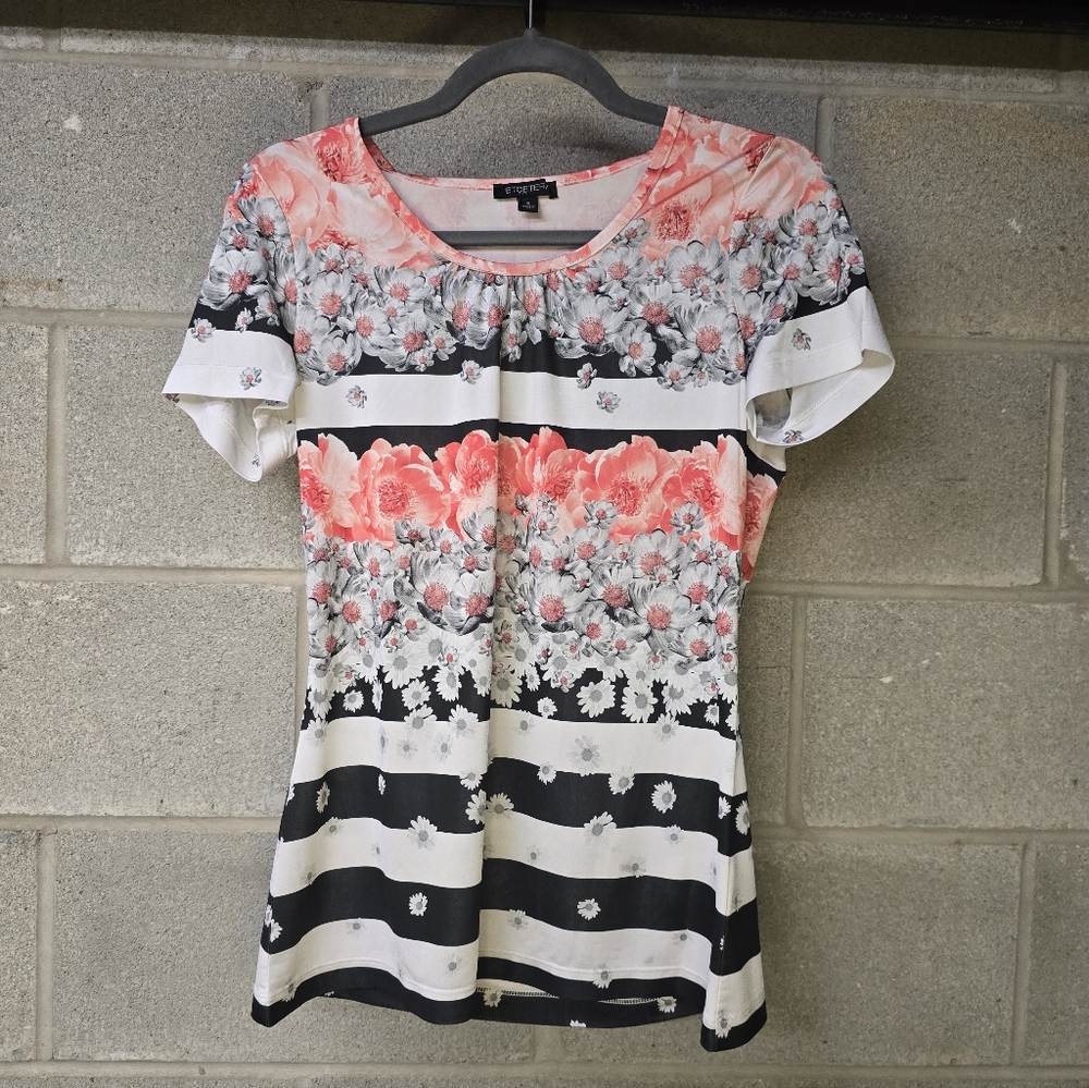 Etcetera Women's Floral and Striped Short Sleeve Top - Black, White, Pink